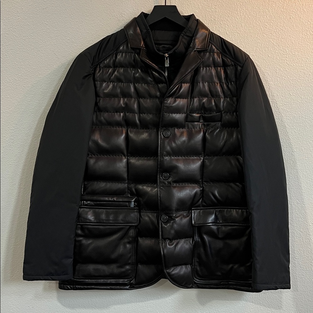 Corneliani ID Down Puffer Jacket Leather & Technical Fabric Black Men's XL